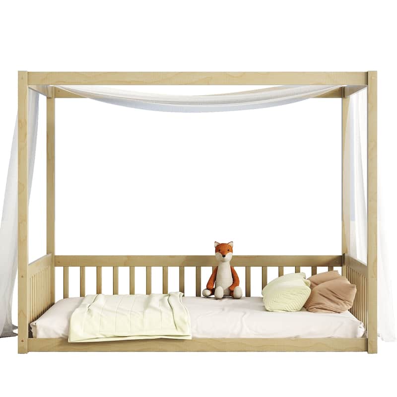 Full Size Pine Wood Canopy Frame Floor Bed with Guardrails