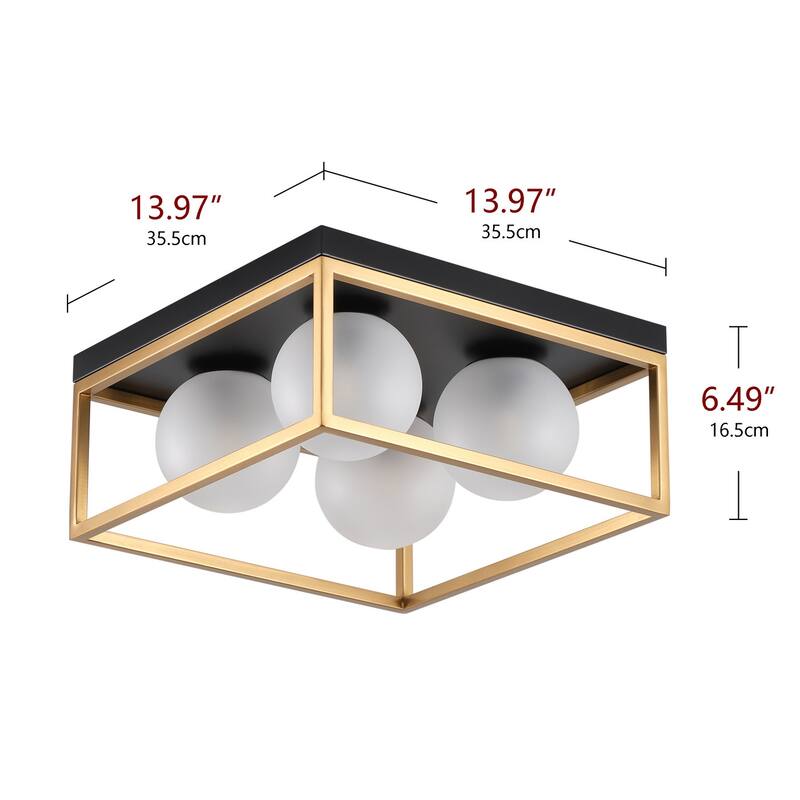 Farmhouse Black and Gold 4-Light Flush Mount Ceiling Light with Globe Frosted Glass Shades