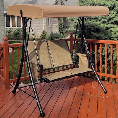 PURPLE LEAF Deluxe Outdoor Patio Porch Swing with Weather Resistant Steel Frame, Adjustable Tilt Canopy, Beige
