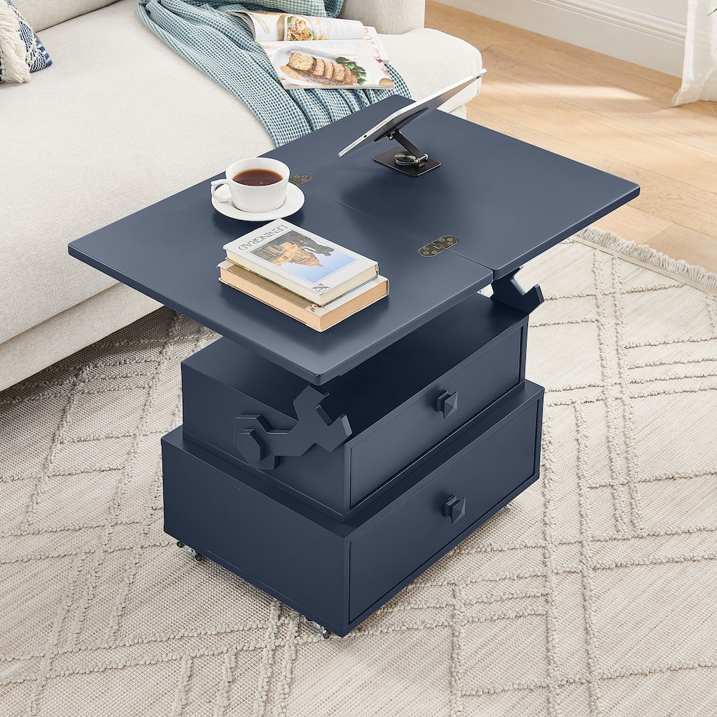 High-Gloss Lacquered Adjustable Height Rolling End Table with Charging Station&Universal Wheels with Brakes, Lift Top Table