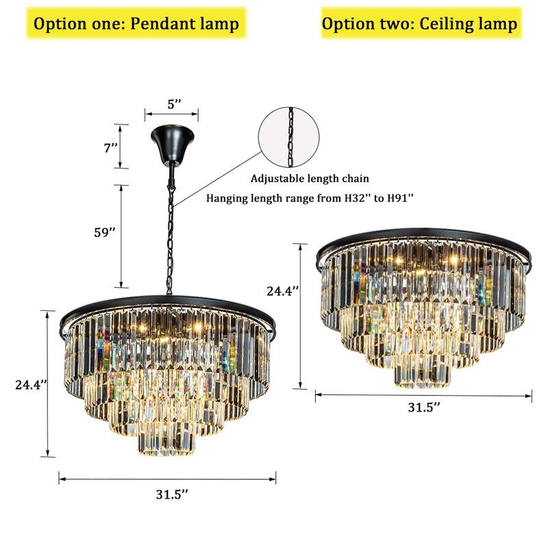 8-Lights Mid-Century Modern 4-Tier Round Fringe Crystal Chandelier - W31.5"