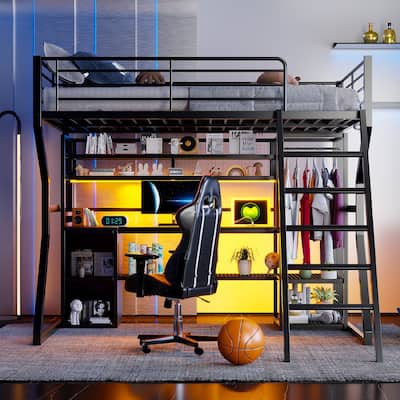 Full Size Metal Gaming Loft Bed with Built-In Work Station, Open Wardrobe, LED and Multiple Storage