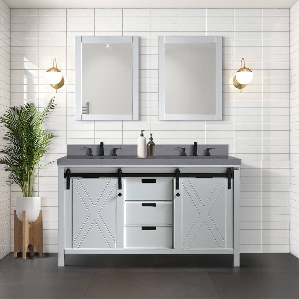 Marsyas 60 in W x 22 in D White Double Bath Vanity, Grey Quartz Countertop and 24 in Mirrors
