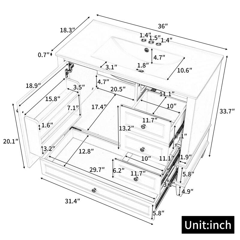 36" Bathroom Vanity with Top Sink, Modern Bathroom Storage Cabinet with 2 Drawers and a Tip-out Drawer, Single Sink