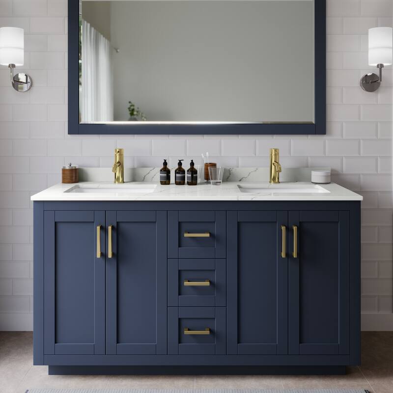 Wyndham Collection WCF292960D-QTZ-UNSMXX Miranda 60" Free Standing - Dark Blue / Giotto Quartz Top / Brushed Gold