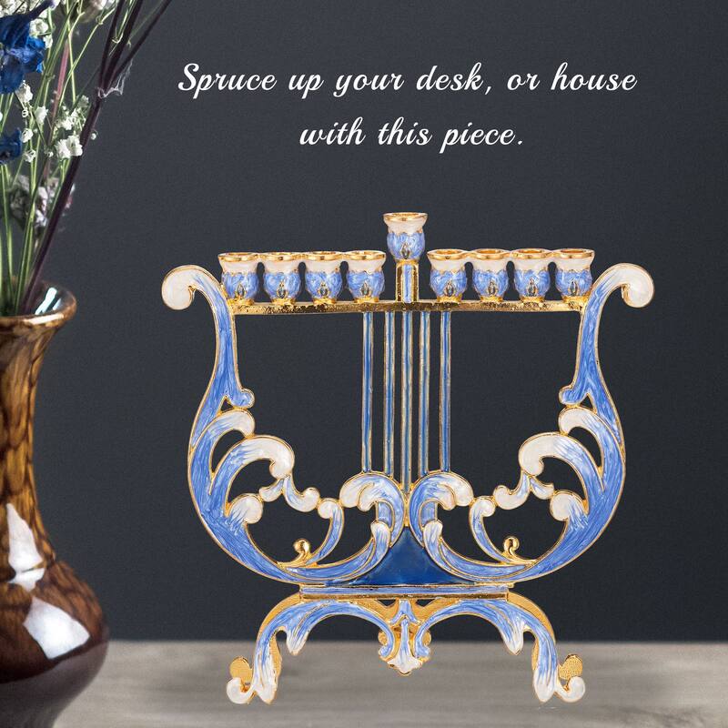Matashi Hand-Painted Spinning Dreidel Holiday Ornaments & Blue-Ivory Harp Menorah Candelabra w/ Crystals Jewish Hanukkah Gift