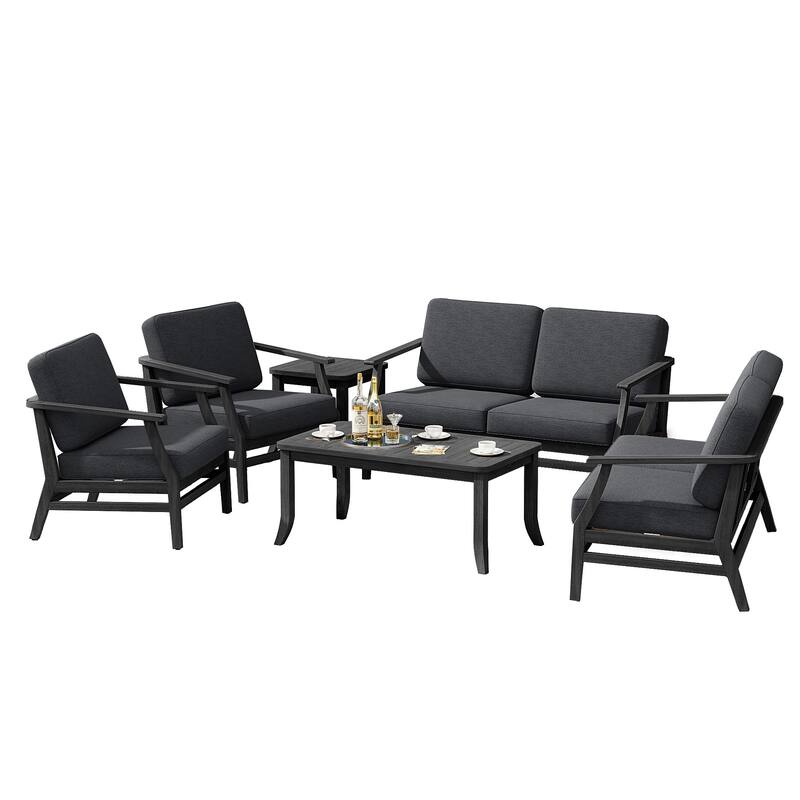 6-Seat Outdoor Teak Wood Patio Conversation Set with Cushions Tables