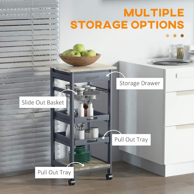 Mobile Kitchen Cart, Rolling Kitchen Island with Storage, Solid Wood Frame Utility Cart with Wire Fruit Baskets, Trays & Drawer