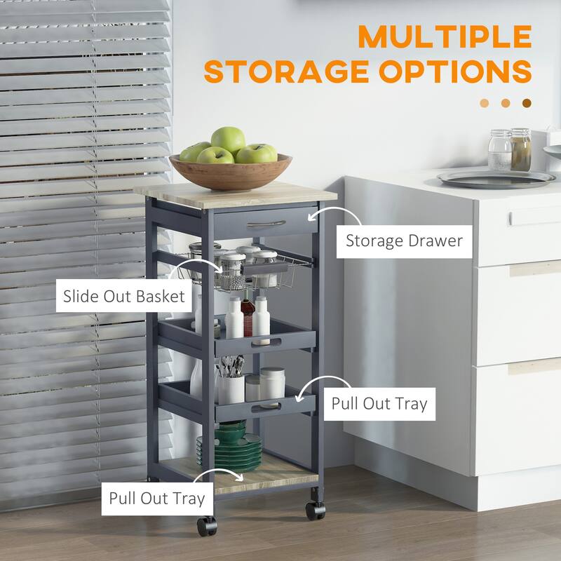 Mobile Kitchen Island, Solid Pine Wood Frame Bar Cart, Trolley Serving Cart with Drawer & Slide-Out Wire Storage Basket, Grey