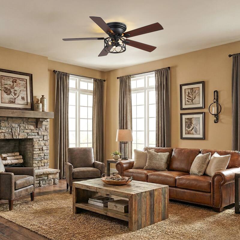 52-inch Flush Mount Caged Ceiling Fan with Light and Remote(5 Reversible Blades)