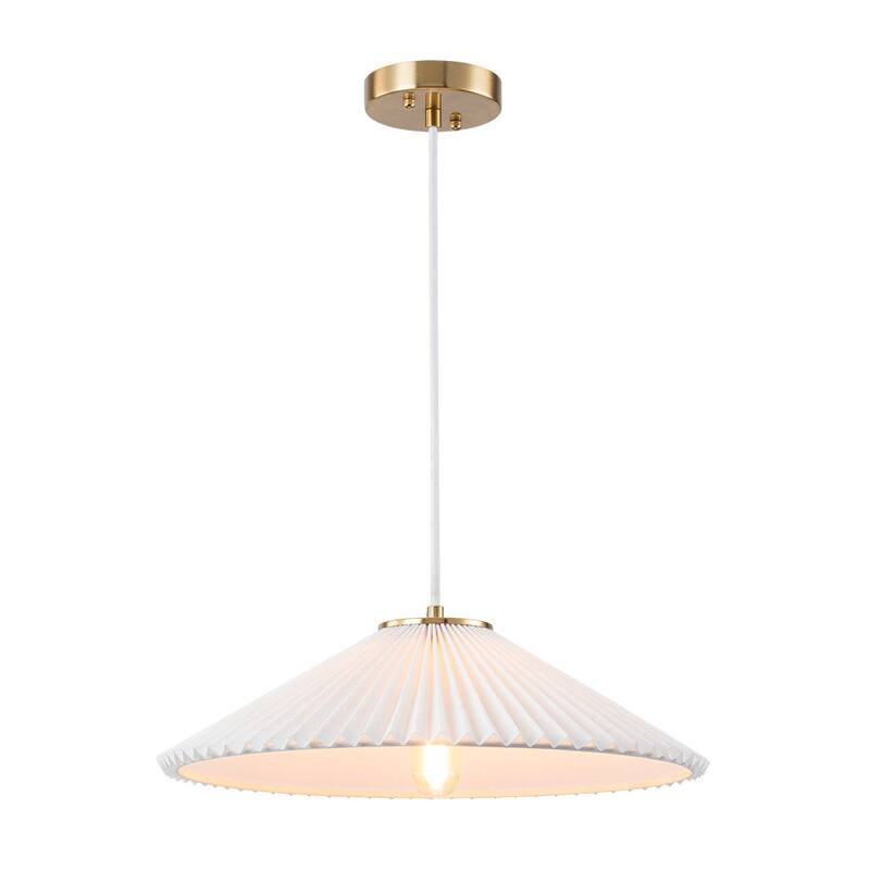 Scandinavian 1-Light White Fabric Pleated Conical Pendant Light
