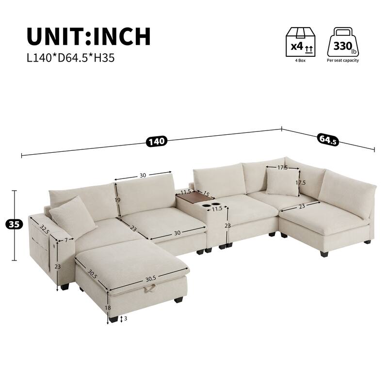 140" Corduroy U-Shaped Modular Sectional Sofa with Storage & USB