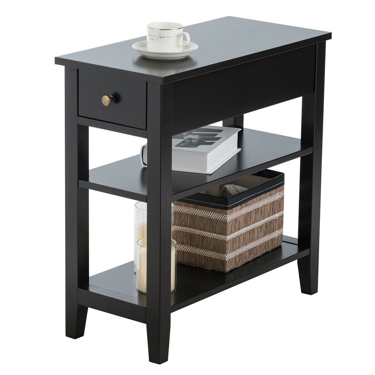 Sofa Side End Table W 2 Drawer And Shelf Brown Narrow Nightstand