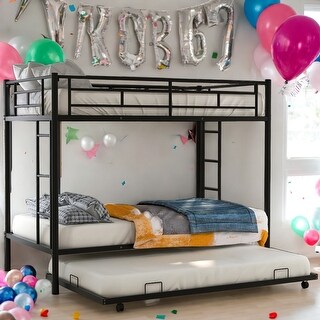 Twin over Twin Bunk Bed with Trundle,With Two Ladders,Trundle Includes Four 4 Easy-Glide Casters,Maximized Space,Black
