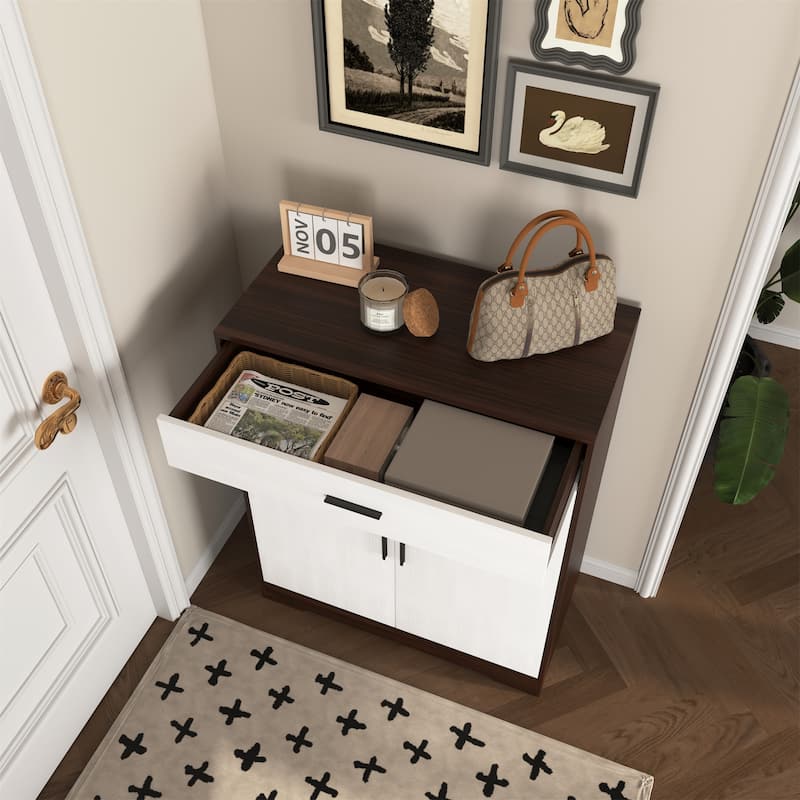 Freestanding Wood Shoe Storage Cabinet w/ 2 Doors ,Adjustable Shelves