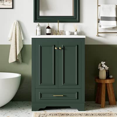 24" Bathroom Vanity Storage Cabinet and Ceramic Sink Combo Set, Green - 24 Inch