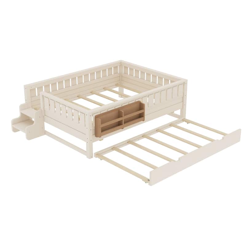 Roomfitters Floor Bed with Bookshelf and Trundle, Low Profile Frame with Step Entry
