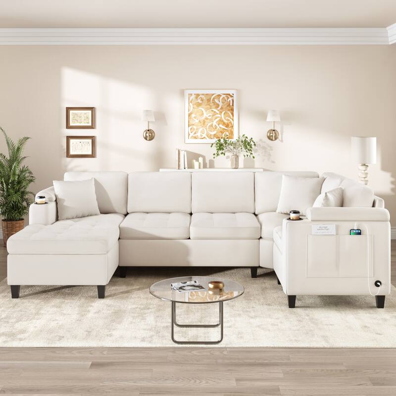 Oversized Corner Sectional, Modern U-Shaped Sectional Sofa with Built-in Storage Boxes and Dual Cup Holders, USB Ports, Pockets - Beige