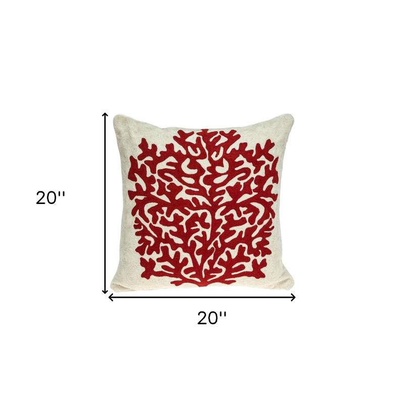 HomeRoots 20" Beige and Red Coastal Wool Throw Pillow With Embroidery