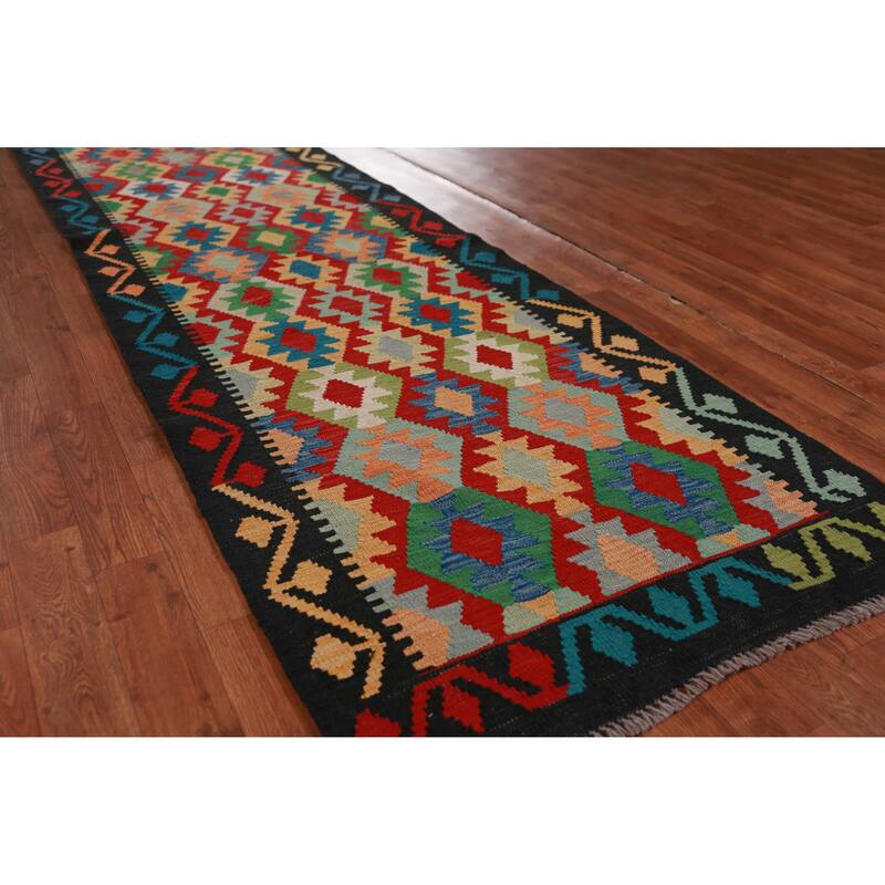 Hand Woven Oriental 100% Wool Carpet Southwestern Geometric Multi-Colored Kilim Runner Rug - 12' 9'' X 2' 9''