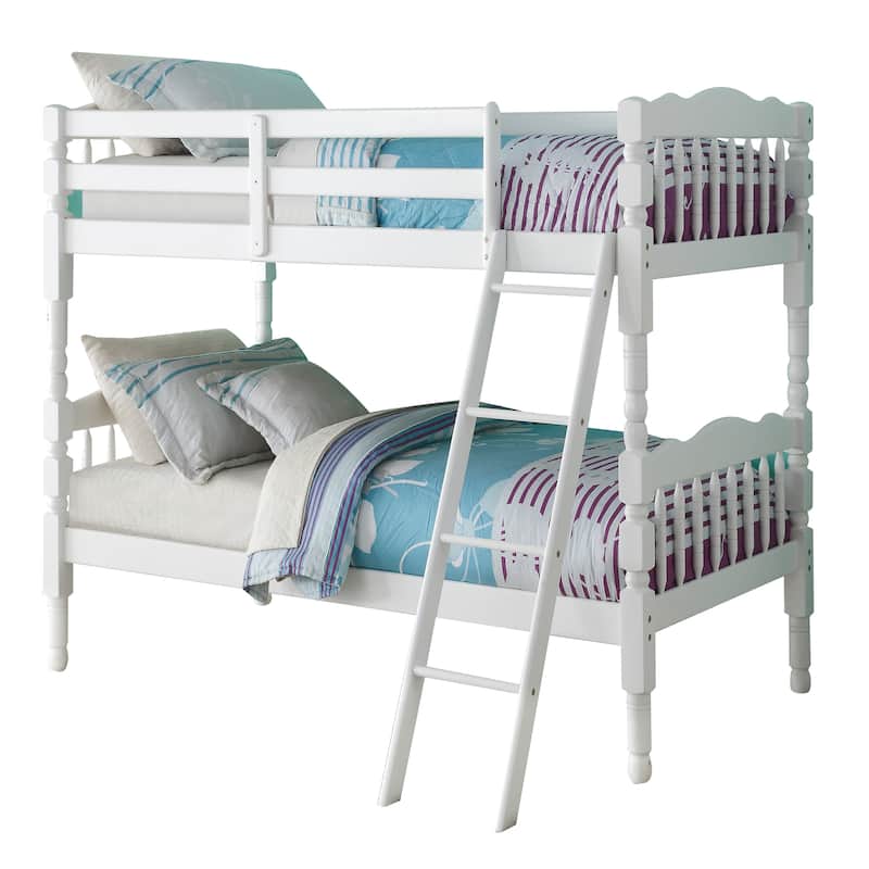 Convertible White Twin-over-Twin Bunk Bed with Ladder and Guard Rails - White