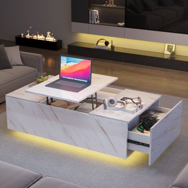 47.2" LED Lift Top Coffee Table with Wireless Charging & Bluetooth Speaker, Smart Storage Drawer, RGB Lights - White