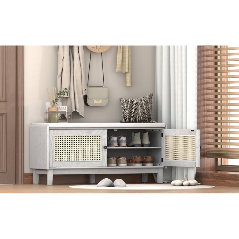 Roomfitters Entryway Storage Bench, Boho Rattan Cabinet, Hallway Organizer Seat with Cushion