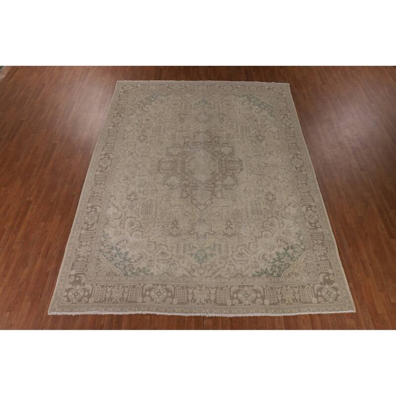 Distressed Muted Tabriz Persian Vintage Rug Handmade Wool Carpet - 9'10" x 12'8"