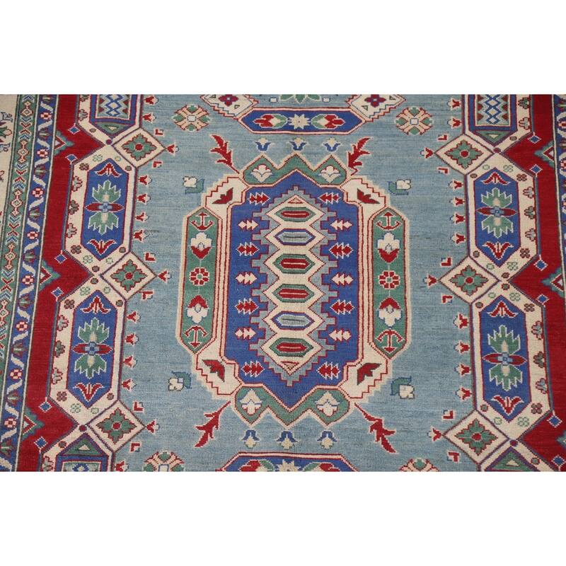 Hand Knotted Oriental 100% Wool Carpet Traditional Geometric Navy Blue & Blues Kazak Area Rug - 9' 7'' X 6' 10''
