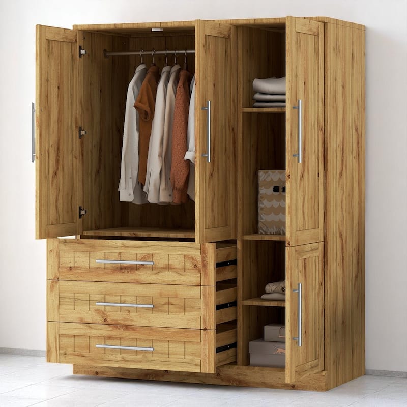 Wooden 4 Door Wardrobe Closet with 3 Drawers, Shelves & Hanging Space, Armoire Cabinet Organizer for Bedroom - Natural