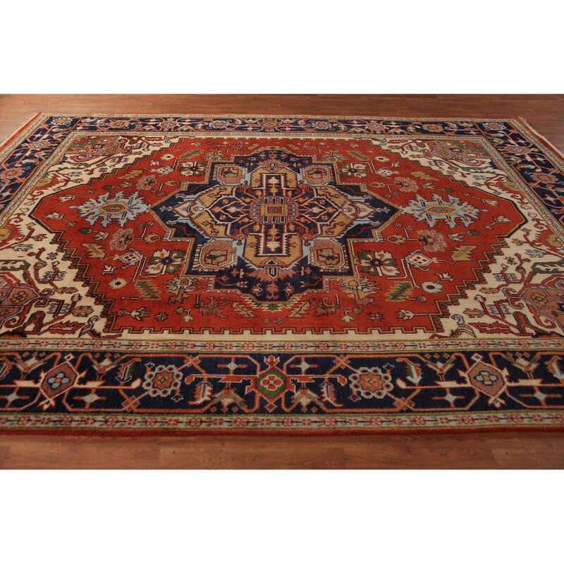 Orange Medallion Heriz Serapi Indian Area Rug Hand-Knotted Wool Carpet - 8'11"x 11'9"