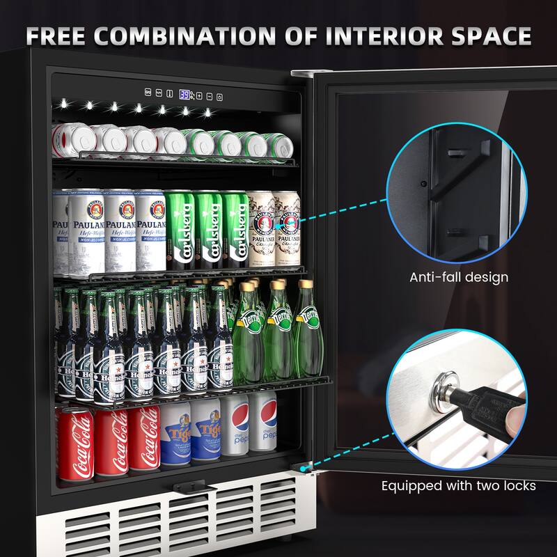 24 Inch Beverage Refrigerator, Built-in/Freestanding Wine Beverage Cooler, Under Counter Beer Fridge