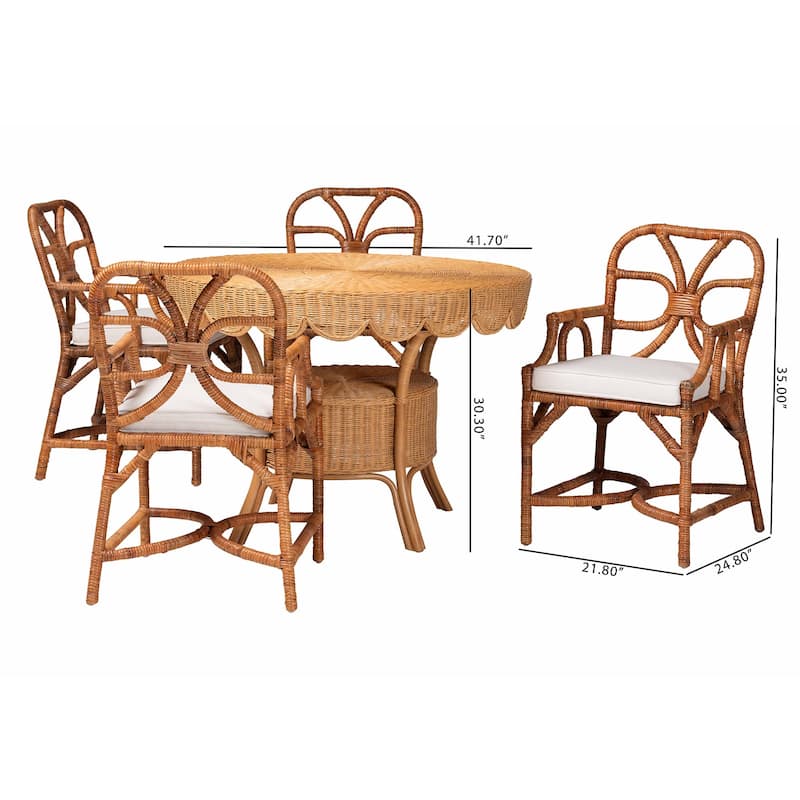 Trevor 5-Piece Rattan Dining Set - Round Wicker Table with Scallop Edge and 4 Armchairs, Handwoven Boho Coastal Style for Dining