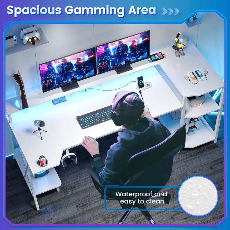 PC Gaming Desk Power Outlets Computer Desk LED Lights Storage Shelves