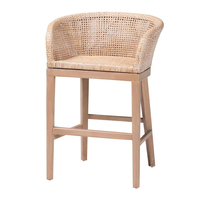 Papua Modern Bohemian Natural Rattan and Acacia Wood Counter Stool - Antique White