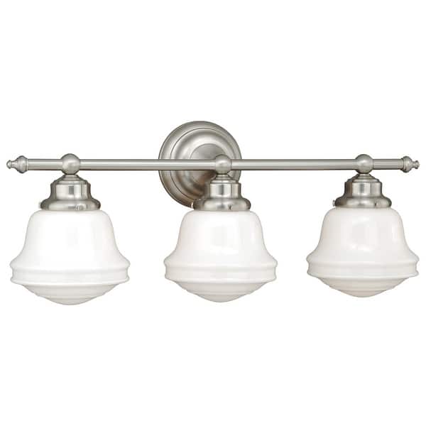 slide 2 of 8, Huntley 3-Light 24 in. W Satin Nickel Bathroom Vanity Lighting Fixture, White Schoolhouse Milk Glass Globe Shade, Dimmable 24-in W x 10-in H x 7-in D - Satin Nickel