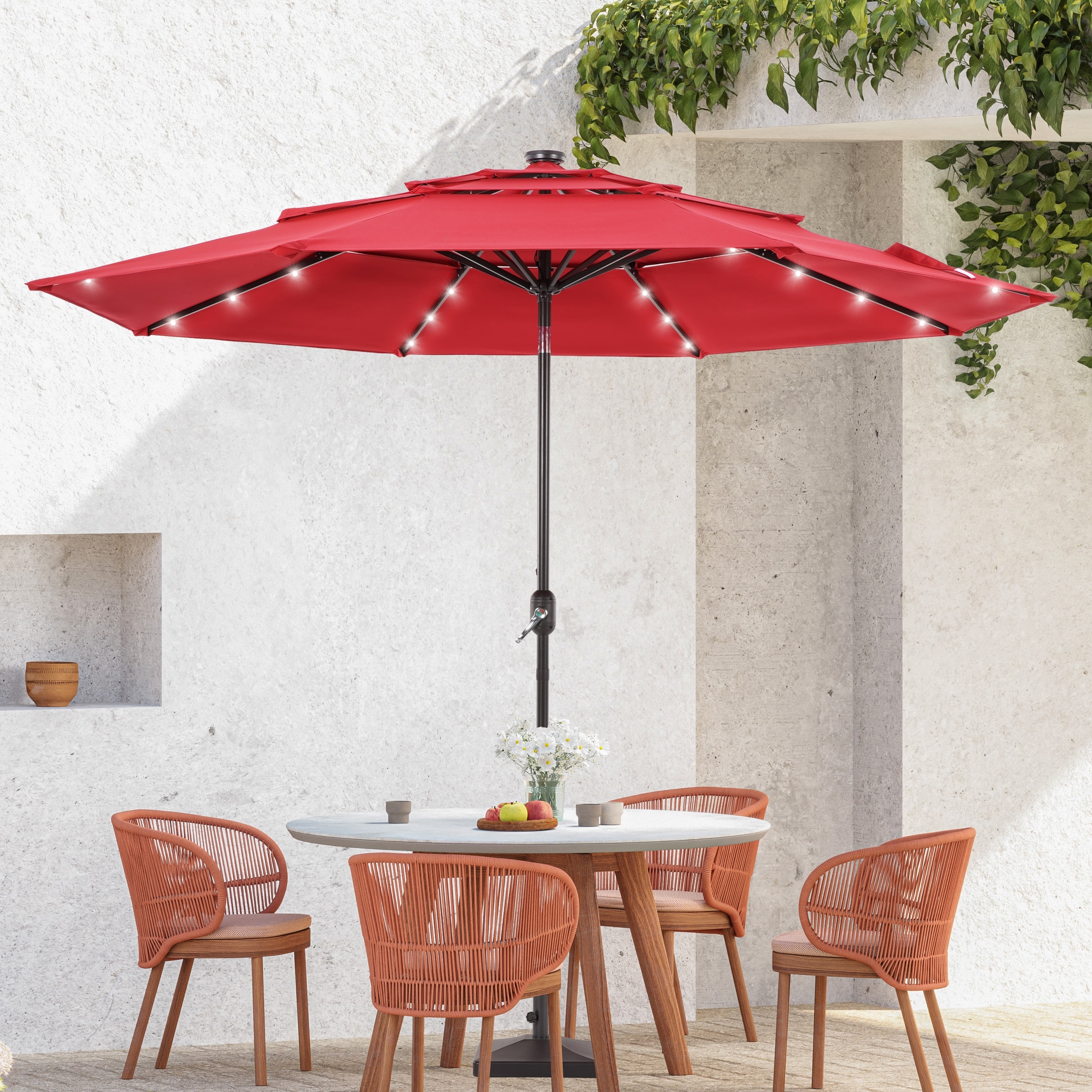 chili red patio umbrella 9ft Motorized Market with Remote & Optional Base, 9FT(Base Not Included) / Beige and functionality Hampton Bay 11 ft. Cantilever