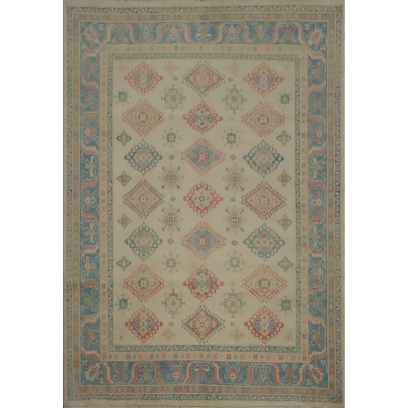 Hand Knotted Oriental 100% Wool Carpet Traditional Geometric Beige & Ivories Kazak Area Rug - 9' 10'' X 8' 0''