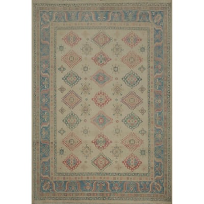 Hand Knotted Oriental 100% Wool Carpet Traditional Geometric Beige & Ivories Kazak Area Rug - 9' 10'' X 8' 0''