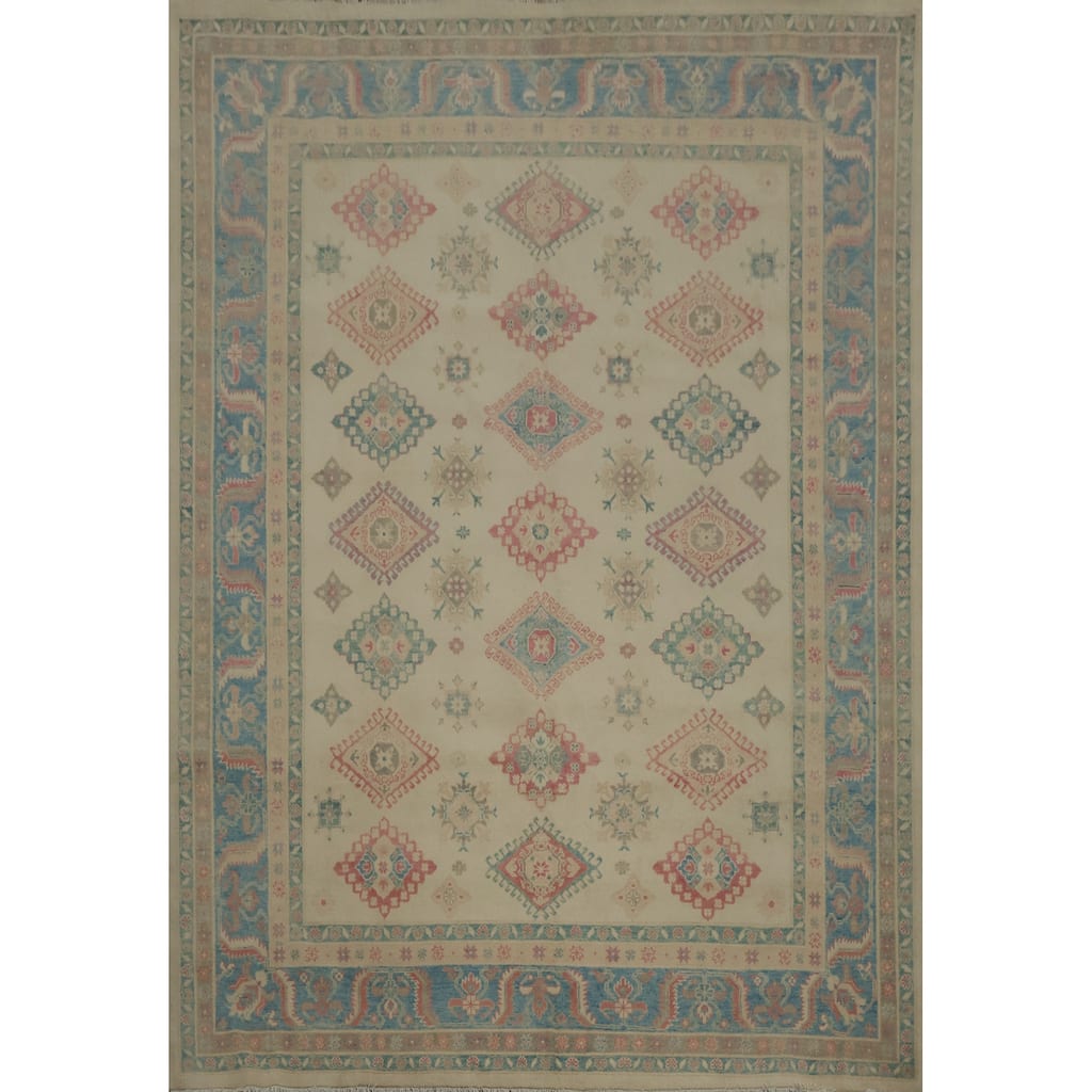 Hand Knotted Oriental 100% Wool Carpet Traditional Geometric Beige & Ivories Kazak Area Rug - 9' 10'' X 8' 0''
