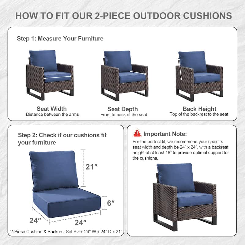 Luxury 6" Outdoor Cushions for Patio Furniture, 24x24x6 Cushion Set, Fade Resistant Replacement Cushions with Removable Cover