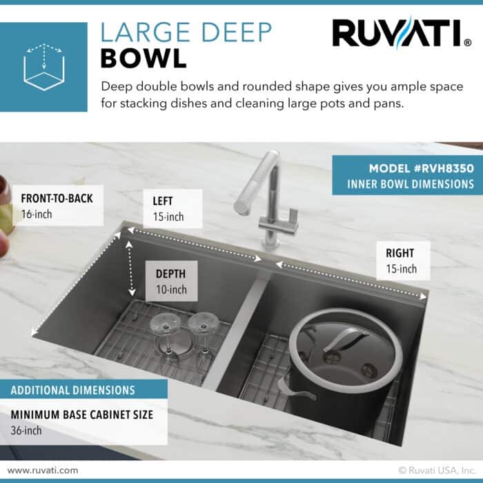 Ruvati 33-inch Workstation Ledge 50/50 Double Bowl Undermount 16 Gauge Stainless Steel Kitchen Sink - 15″ x 16″, 15″ x 16″