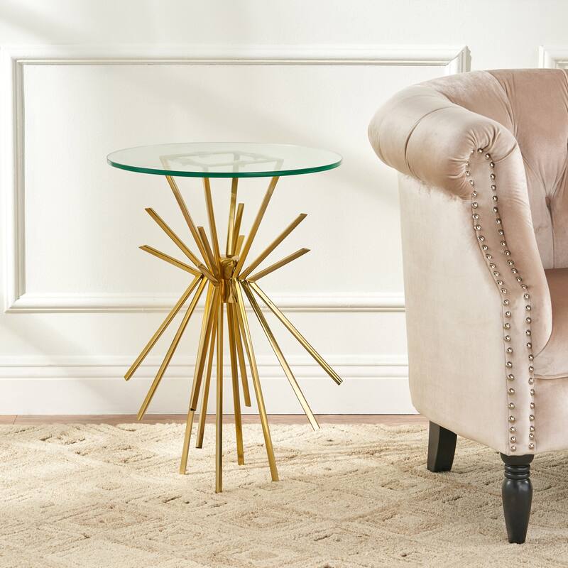 17.75" Modern Round End Table with Metallic Frame and Glass Tabletop for Living Room or Bedroom