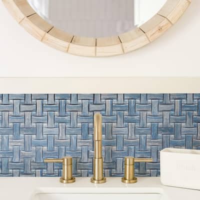 Merola Tile Cassis Dog Bone Basketweave Blue w/ Blue Dot 10" x 10" Porcelain Floor and Wall Tile