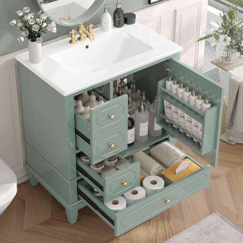 30 " Bathroom Vanity with Sink, Drawers, and Storage Shelves