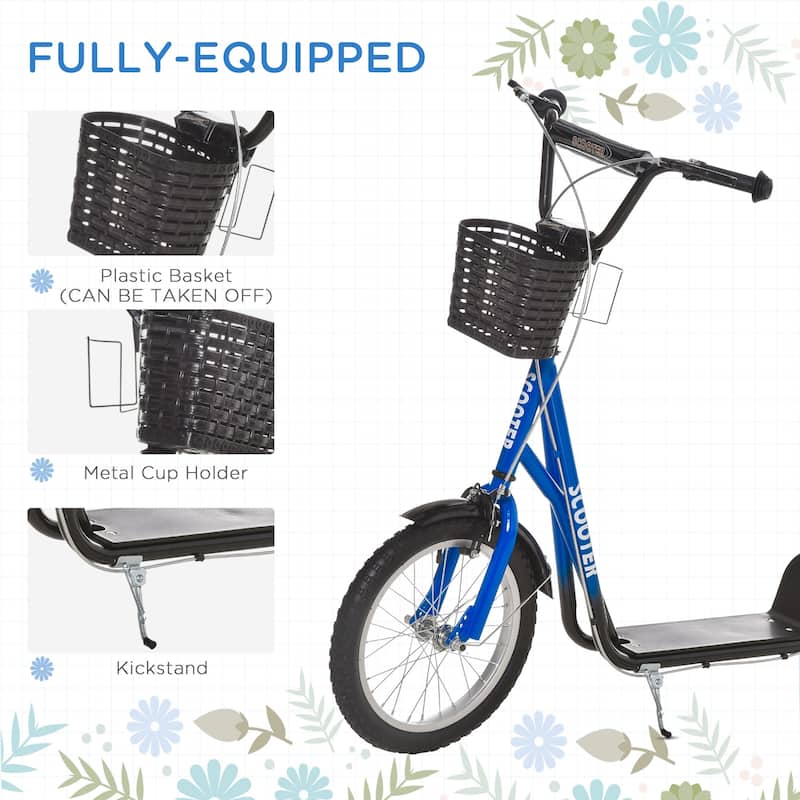Kids Adjustable Scooter with Dual Brakes Large Rubber Wheels Textured Deck Basket and Cup Holder for Age 5 to 12