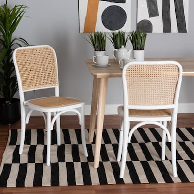 Neah Japandi White Wood and Natural Rattan 2-Piece Dining Chair Set