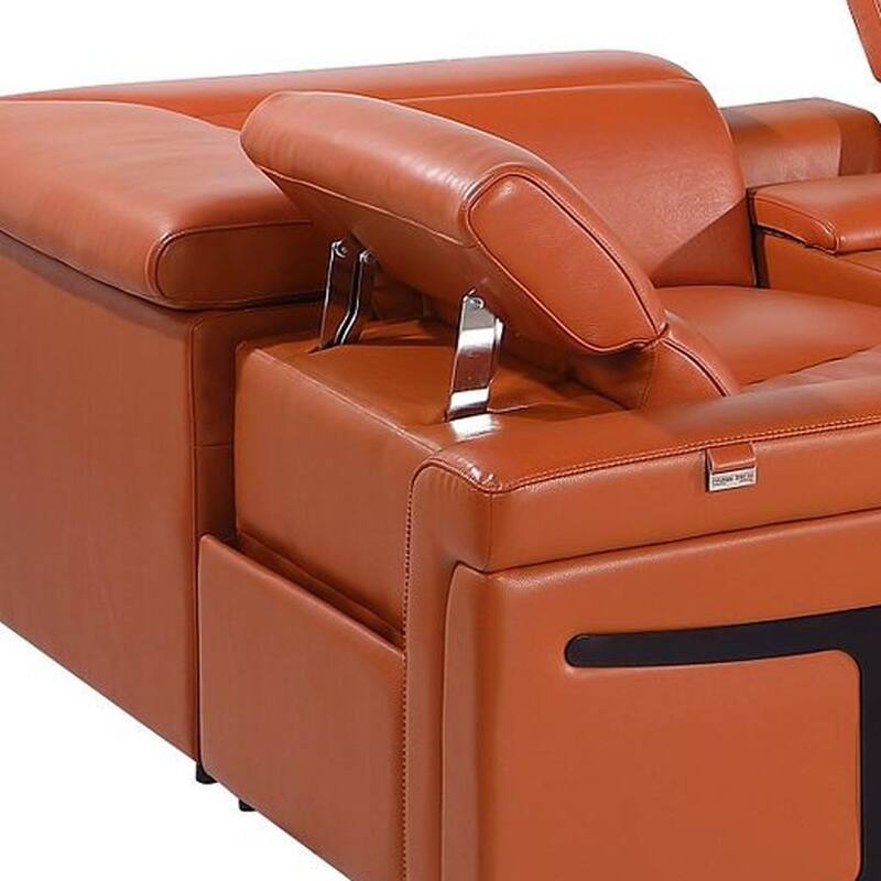 HomeRoots Camel Italian Leather Power Reclining U Shaped Eight Piece Sectional With Console