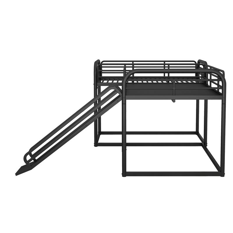 L-Shaped Full and Twin Bunk Bed with Slide, Ladder, and Metal Frame, Black