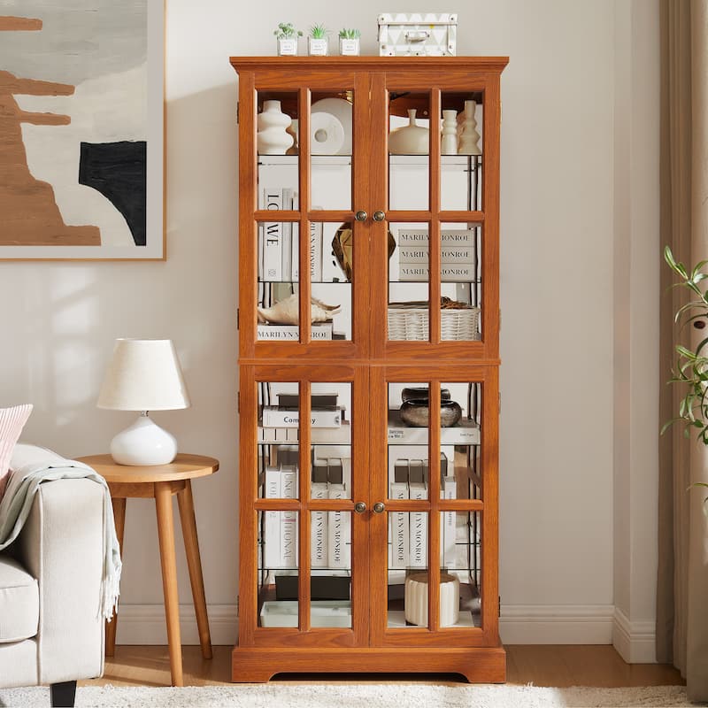 Lighted Curio Display Cabinet, Accent Cabinet with Mirrored Back Pane, Display Cabinet with 4 Glass Doors & Adjustable Shelves